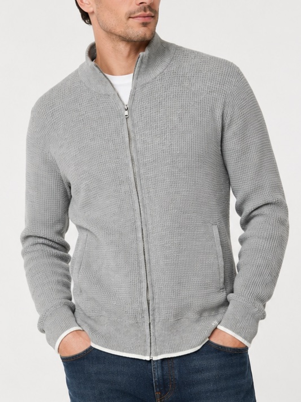 Nautica Jeans Co L Gray Waffle Knit Full Zip Mock Neck Cotton Jacket